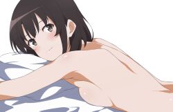 Rule 34 | 1girl, absurdres, bare back, blush, breast press, breasts, brown eyes, brown hair, closed mouth, commentary request, completely nude, highres, katou megumi, looking to the side, lying, nude, on bed, on stomach, pillow, saenai heroine no sodatekata, short hair, shou937, simple background, small breasts, smile, solo, white background