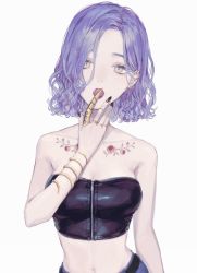 Rule 34 | 1girl, bad id, bad twitter id, bare shoulders, black nails, breasts, ear piercing, earrings, flower, flower tattoo, hand up, jewelry, kotobuki nashiko, looking at viewer, medium breasts, midriff, nail polish, navel, open mouth, original, piercing, purple hair, red flower, ring, short hair, simple background, solo, strapless, tattoo, tube top, upper body, white background, white eyes, zipper