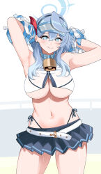 Rule 34 | 1girl, ako (blue archive), alternate costume, armpits, arms up, bell, black panties, blue archive, blue eyes, blue hair, blush, breasts, cheerleader, earrings, halo, highleg, highleg panties, highres, holding, holding pom poms, jewelry, large breasts, looking at viewer, miniskirt, navel, neck bell, nonbire, panties, partially unzipped, pom pom (cheerleading), pom poms, skirt, smile, solo, stomach, stud earrings, sweat, underboob, underwear, visor cap
