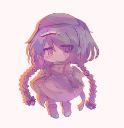 Rule 34 | 1girl, apron, bandaged arm, bandages, bandaid, bandaid on arm, boots, braid, breasts, chibi, chromatic aberration, closed mouth, dress, frown, funamusea, hat, highres, kayukiop, linaria purpurea, long hair, medium breasts, multiple wings, no nose, nurse, nurse cap, pink dress, puffy short sleeves, puffy sleeves, purple eyes, purple hair, purple pupils, short sleeves, simple background, solo, twin braids, waist apron, white background, wings