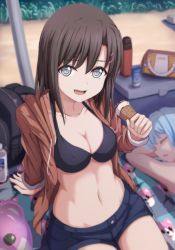 Rule 34 | 2girls, :d, arm support, backpack, bag, bang dream!, bikini, bikini top only, black bikini, black hair, blue eyes, blue hair, blurry, blurry background, breasts, brown hair, brown jacket, cleavage, closed eyes, collarbone, commentary request, crepe, day, denim, denim shorts, depth of field, drawstring, food, groin, hair ornament, hairclip, hand up, highres, holding, holding food, hood, hood down, hooded jacket, jacket, light blue hair, long hair, long sleeves, looking at viewer, lotion bottle, lying, medium breasts, michelle (bang dream!), multiple girls, narafume, navel, okusawa misaki, on stomach, open clothes, open jacket, open mouth, outdoors, parted lips, short shorts, shorts, sitting, smile, stomach, swimsuit, umbrella
