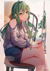 Rule 34 | 1girl, adapted costume, belt, blue nails, blue skirt, bracelet, braid, casual, chair, contemporary, cup, drinking glass, frog hair ornament, green eyes, green hair, hair between eyes, hair ornament, heikokuru1224, highres, holding, holding cup, jewelry, kochiya sanae, crossed legs, lips, long hair, miniskirt, nail polish, shirt, sitting, skirt, snake hair ornament, solo, touhou, white belt, white shirt