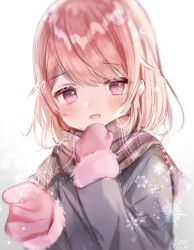Rule 34 | 1girl, :d, bad id, bad pixiv id, black jacket, blush, brown scarf, copyright request, fringe trim, fur-trimmed mittens, fur trim, gradient background, grey background, hands up, highres, indie virtual youtuber, jacket, long sleeves, looking at viewer, mittens, open mouth, pink mittens, plaid, plaid scarf, purple eyes, red hair, rucaco, scarf, signature, smile, snowflakes, solo, upper body, virtual youtuber, white background