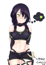 Rule 34 | 1girl, arm behind back, artist name, bad id, bad pixiv id, bandana, belt pouch, black gloves, black hair, blush, braid, commentary request, cowboy shot, crop top, dated, elbow gloves, fingerless gloves, girls&#039; frontline, gloves, green eyes, hair over one eye, heart, highres, holding own arm, kjm3111, korean commentary, looking to the side, mac-10 (girls&#039; frontline), navel, neon trim, pouch, scar, shorts, simple background, solo, spoken heart, stitches, thigh strap, thighs, twintails, white background