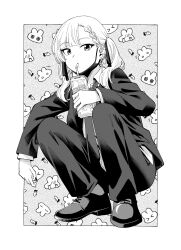 Rule 34 | 1girl, bendy straw, braid, braided bun, burisuke (koujiro), can, collared shirt, commentary request, cross, cross earrings, drinking straw, ear piercing, earrings, formal, full body, greyscale, hair bun, hair over shoulder, highres, holding, holding can, jacket, jewelry, knees up, latin cross, long hair, long sleeves, looking at viewer, mask, mask pull, monochrome, mouth mask, necktie, open clothes, open jacket, original, pant suit, pants, piercing, shirt, shoes, solo, squatting, strong zero, suit, twintails