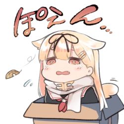 Rule 34 | 1girl, absurdres, black ribbon, blonde hair, box, cardboard box, chibi, commentary request, crying, crying with eyes open, dog tail, dyson (edaokunnsaikouya), hair flaps, hair ornament, hair ribbon, highres, in box, in container, kantai collection, leaf, long hair, neckerchief, red eyes, red neckerchief, ribbon, scarf, school uniform, serafuku, sitting, solo, tail, tears, translation request, yuudachi (kancolle), yuudachi kai ni (kancolle)