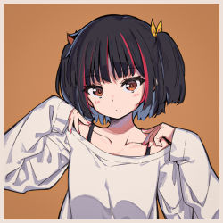 Rule 34 | 1girl, black hair, blunt bangs, border, closed mouth, coffeiz p, collarbone, hair ribbon, light blush, long sleeves, looking at viewer, multicolored hair, nail polish, off-shoulder shirt, off shoulder, orange background, original, oversized clothes, red eyes, red nails, ribbon, shirt, short hair, short twintails, simple background, sleeves past wrists, solo, square, straight hair, streaked hair, twintails, two side up, upper body, white shirt, yellow ribbon