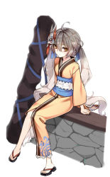 Rule 34 | 1girl, ahoge, bad id, bad pixiv id, brown eyes, closed mouth, expressionless, fox mask, girls&#039; frontline, grey hair, hair between eyes, japanese clothes, kimono, long hair, looking at viewer, mask, obi, official alternate costume, pkp (flower and water) (girls&#039; frontline), pkp (girls&#039; frontline), sandals, sash, simple background, sitting, solo, tama (tamatamo), tsurime, twintails, very long hair, weapon bag, white background, yellow kimono, yukata