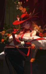 Rule 34 | 1girl, absurdres, animal ears, arknights, bare shoulders, cat ears, ciloranko, commentary request, dress, elbow gloves, feet out of frame, gloves, hat, head tilt, heidi (arknights), highres, long hair, looking at viewer, off shoulder, pink hair, red gloves, red hat, solo