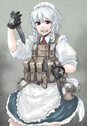 Rule 34 | 1girl, bad id, bad pixiv id, braid, female focus, gloves, gradient background, grin, izayoi sakuya, knife, load bearing vest, maid, military, military operator, red eyes, sigama, silver hair, sleeves rolled up, smile, solo, throwing knife, touhou, twin braids, vest, weapon