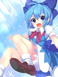 Rule 34 | 1girl, bloomers, blue dress, blue eyes, blue hair, blue skirt, bow, cirno, dress, hair bow, ice, ice wings, looking at viewer, matching hair/eyes, open mouth, paragasu (parags112), purple hair, shirt, short sleeves, skirt, smile, solo, touhou, underwear, upskirt, wings
