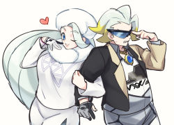 Rule 34 | 1boy, 1girl, adjusting eyewear, arm hug, black-framed eyewear, blue-tinted eyewear, blue eyes, breasts, brown jacket, clenched teeth, collared shirt, commentary request, creatures (company), game freak, gloves, gordie (pokemon), hand up, hat, heart, jacket, jewelry, long hair, melony (pokemon), momoji (lobolobo2010), mother and son, multicolored hair, necklace, nintendo, one eye closed, open clothes, open jacket, pantyhose, pantyhose under shorts, parted lips, pokemon, pokemon swsh, scarf, shirt, shorts, single glove, smile, streaked hair, sweater, teeth, tinted eyewear, two-tone hair, white headwear, white scarf, white sweater