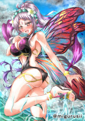 Rule 34 | 1girl, absurdres, artist name, ass, bare shoulders, blush, breasts, brown eyes, facial mark, fairy, fairy wings, fire emblem, fire emblem heroes, flower, forehead mark, hair flower, hair ornament, half updo, highres, large breasts, long hair, migurusii, nintendo, one-piece swimsuit, open mouth, plumeria (fire emblem), pointy ears, ponytail, purple hair, sandals, smile, solo, swimsuit, water, wet, wet hair, wings