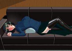Rule 34 | 1girl, black hair, black thighhighs, blush, breasts, caustica, couch, closed eyes, fubuki (one-punch man), green skirt, highres, indoors, large breasts, legs, long skirt, long sleeves, lying, one-punch man, parted lips, short hair, skirt, sleeping, solo, sweater, thighhighs, thighs, turtleneck, turtleneck sweater