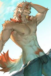 Rule 34 | 1boy, abs, aixiwuganda (20222192), animal ears, arknights, bara, brown fur, bulge, completely nude, dog boy, dog ears, flaccid, from below, furry, furry male, hand on own head, highres, horns, hung (arknights), large pectorals, male focus, male pubic hair, medium hair, multicolored hair, muscular, muscular male, navel, nipples, nude, orange eyes, orange hair, partially submerged, pectorals, penis, pubic hair, single horn, smirk, solo, stomach, streaked hair, thick thighs, thighs, two-tone fur, uncensored