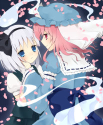 Rule 34 | 2girls, bad id, bad pixiv id, blue eyes, cherry blossoms, female focus, ghost, hand on another&#039;s cheek, hand on another&#039;s face, hat, konpaku youmu, multiple girls, petals, pink eyes, pink hair, purin jiisan, saigyouji yuyuko, silver hair, tears, touhou