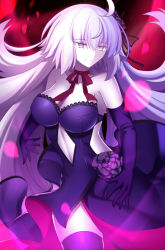 Rule 34 | 1girl, absurdres, bare shoulders, breasts, choker, cleavage, dark background, dress, elbow gloves, fate/grand order, fate (series), gloves, highres, jeanne d&#039;arc (fate), jeanne d&#039;arc alter (avenger) (fate), jeanne d&#039;arc alter (fate), large breasts, long hair, looking away, navel, official alternate costume, pale skin, paperfinger, solo, very long hair, white hair