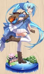Rule 34 | 1girl, backpack, bag, blue eyes, blue hair, blush, character request, flower knight girl, frilled thighhighs, frills, from side, full body, lily pad, long hair, mizunashi (second run), ponytail, potion, solo, standing, standing on one leg, thighhighs, very long hair, white thighhighs