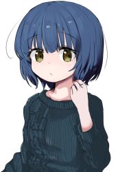 Rule 34 | 1girl, blue hair, blue sweater, blush, brown eyes, closed mouth, commentary request, gochuumon wa usagi desu ka?, hair between eyes, hand up, houjichaoic, jouga maya, long sleeves, ribbed sweater, simple background, solo, sweater, upper body, white background