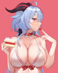 Rule 34 | 1girl, ahoge, bikini, blue hair, breasts, cake, choker, cleavage, collarbone, eating, food, food on face, frilled choker, frills, fruit, ganyu (genshin impact), genshin impact, goat horns, highres, holding, holding cake, holding food, horns, kul (ngsensei), large breasts, long hair, profile, purple eyes, red background, simple background, solo, strawberry, strawberry shortcake, swimsuit, upper body, very long hair