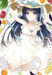 Rule 34 | 10s, 1girl, absurdres, bad id, bad yandere id, bangle, blue hair, blush, bow, bracelet, breasts, cleavage, corn, dress, eggplant, floral print, food, fruit, grapes, halterneck, hand on headwear, hands on headwear, hat, highres, jewelry, kinoshita ringo (no-rin), kippu, long hair, melon, necklace, no-rin, onion, parted lips, potato, purple eyes, ribbon, simple background, small breasts, solo, standing, straw hat, striped ribbon, sun hat, sundress, sweat, watermelon, white background, white dress