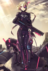 Rule 34 | 1girl, armor, artificial eye, blonde hair, bodysuit, breastplate, building, cloud, cloudy sky, cyborg, day, expressionless, full body, gloves, gun, headphones, holding, holding gun, holding weapon, hu kotora, legs together, light rays, looking at viewer, mecha, mecha musume, mechanical eye, mechanical horse, neon trim, non-humanoid robot, original, outdoors, parted lips, pink eyes, rifle, robot, robot animal, rubble, ruins, science fiction, shiny clothes, short hair, skin tight, sky, standing, star (sky), starry sky, sunbeam, sunlight, thigh gap, weapon