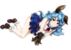 Rule 34 | 10s, 1girl, animal ears, blue hair, blush, boots, breasts, brown eyes, rabbit ears, cwind, earrings, erune, ferry (granblue fantasy), gloves, granblue fantasy, highres, jewelry, long hair, looking at viewer, lying, on side, skirt, smile, solo, yellow eyes
