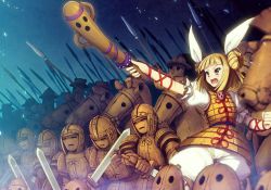 Rule 34 | 1girl, armor, armored dress, army, baggy pants, blonde hair, blunt bangs, chima q, clenched hand, commentary request, cowboy shot, double bun, dress, hair bun, hair ribbon, haniwa (statue), highres, holding, holding sword, holding weapon, joutouguu mayumi, night, night sky, open mouth, outdoors, pants, polearm, ribbon, shirt, short hair, sidelocks, sky, spear, standing, statue, sword, touhou, v-shaped eyebrows, vambraces, weapon, white pants, white ribbon, white shirt, yellow dress, yellow eyes