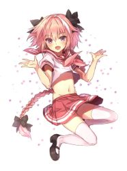 Rule 34 | 1boy, astolfo (fate), astolfo (sailor paladin) (fate), black footwear, braid, fang, fate/apocrypha, fate/grand order, fate (series), full body, hair intakes, kittika thaworn, long hair, male focus, mary janes, midriff, navel, neckerchief, official alternate costume, pink hair, pleated skirt, red skirt, sailor collar, school uniform, serafuku, shoes, short sleeves, simple background, single braid, skirt, smile, solo, thighhighs, trap, very long hair, white background, white thighhighs