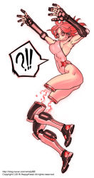Rule 34 | 1girl, !?, armpits, arms up, artist name, breasts, closed mouth, commentary, copyright name, cyborg, dated, detached legs, eyelashes, highleg, highleg leotard, highres, jun sung kwak, leotard, mechanical arms, mechanical legs, medium breasts, original, pink eyes, pink hair, pink leotard, short hair, simple background, solo, star (symbol), star print, sweatdrop, watermark, web address, white background