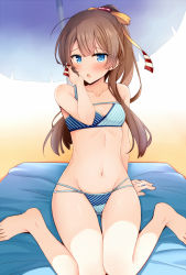 Rule 34 | 1girl, bare legs, bare shoulders, barefoot, beach, bikini, blue eyes, blush, breasts, brown hair, collarbone, commentary request, day, gluteal fold, hair ribbon, hand on own face, kantai collection, kazagumo (kancolle), long hair, looking at viewer, medium breasts, navel, open mouth, outdoors, ponytail, ribbon, rui shi (rayze ray), sand, sitting, solo, swimsuit, umbrella, wariza
