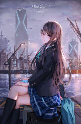 1girl black_hair black_jacket black_shirt black_socks blue_ribbon blue_skirt breasts building city cityscape collared_shirt crane_(machine) crest crossed_legs drink drinking_straw ear_piercing english_text hair_ornament hairclip highres holding holding_drink jacket kneehighs lamppost long_hair looking_at_viewer looking_to_the_side nail_polish original piercing pink_lips pleated_skirt purple_eyes ribbon scenery school_uniform shirt sitting skirt socks solo swept_bangs umbrella water yuzuriha_(atelier_liang)