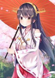 Rule 34 | 1girl, bare shoulders, black hair, blush, brown eyes, cherry blossoms, hair ornament, hairclip, haruna (kancolle), headgear, highres, kantai collection, long hair, looking at viewer, nontraditional miko, oil-paper umbrella, pleated skirt, red skirt, skirt, smile, solo, totoraisu, umbrella, wide sleeves