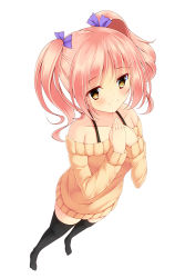 Rule 34 | 1girl, azure (capriccio), bad id, bad nicoseiga id, black thighhighs, blush, collarbone, dress, hair ribbon, hands on own chest, original, pink hair, ribbon, simple background, smile, solo, sweater, sweater dress, thighhighs, twintails, white background, yellow eyes