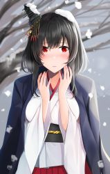 Rule 34 | 1girl, black hair, blush, hair ornament, haori, highres, japanese clothes, kantai collection, looking at viewer, nontraditional miko, pleated skirt, red eyes, red skirt, short hair, skirt, snowing, solo, upper body, wide sleeves, yamashiro (kancolle), yunamaro