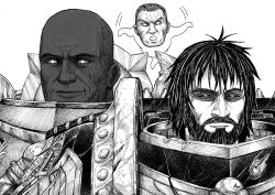 Rule 34 | 3boys, armor, beard, black sclera, closed mouth, colored sclera, corvus corax, dark-skinned male, dark skin, facial hair, ferrus manus, ghost, greyscale, highres, if the emperor had a text-to-speech device, iron hands (warhammer), male focus, monochrome, multiple boys, primarch, simple background, smile, vulkan, warhammer 40k, white background, y naf