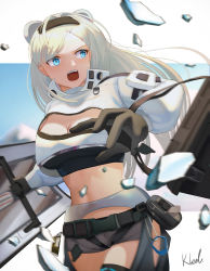 Rule 34 | 1girl, absurdres, animal ears, arknights, artist name, aurora (arknights), bear ears, belt, black belt, black gloves, black hairband, black shirt, blue eyes, breasts, cleavage, commentary, cowboy shot, crop top, cropped jacket, gloves, grey shorts, hairband, highres, infection monitor (arknights), jacket, kkkkled, large breasts, long hair, long sleeves, midriff, navel, open mouth, pouch, shirt, short shorts, shorts, signature, silver hair, solo, standing, stomach, swept bangs, thighs, white jacket