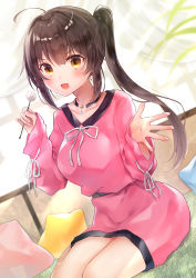 Rule 34 | 1girl, :d, absurdres, ahoge, blurry, blurry background, blush, breasts, brown eyes, brown hair, collarbone, commentary request, depth of field, dress, gyozanuko, hair between eyes, hands up, high ponytail, highres, holding, long hair, long sleeves, looking at viewer, medium breasts, mimikaki, open mouth, original, pillow, pink dress, puffy long sleeves, puffy sleeves, ribbon, sidelocks, sitting, sleeves past wrists, smile, solo, very long hair, white ribbon, yokozuwari