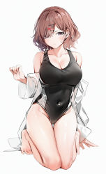 Rule 34 | 1girl, absurdres, bare legs, bare shoulders, barefoot, black one-piece swimsuit, blush, breasts, brown hair, cleavage, closed mouth, commentary request, competition swimsuit, covered navel, full body, groin, hair ornament, hair over one eye, hairclip, hand up, highres, higuchi madoka, idolmaster, idolmaster shiny colors, kneeling, large breasts, long sleeves, looking at viewer, mole, mole under eye, off shoulder, one-piece swimsuit, purple eyes, revision, robe, short hair, silver (chenwen), simple background, solo, sweater, swept bangs, swimsuit, thighs, white background, white robe