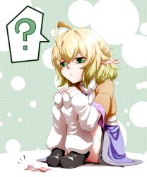 Rule 34 | 1girl, :&lt;, ?, ahoge, arm warmers, blonde hair, egg vibrator, eyebrows, female focus, full body, green background, green eyes, hair between eyes, hands on own knees, highres, knees up, leg warmers, mizuhashi parsee, pointy ears, sex toy, shoes, simple background, sitting, skirt, solo, speech bubble, touhou, vibrator, yuuki (yukigeshou hyouka)
