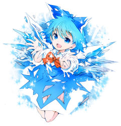 Rule 34 | 1girl, blue dress, blue eyes, blue hair, bow, cirno, dress, hair bow, ice, ice wings, ichizen (o tori), matching hair/eyes, open mouth, smile, solo, touhou, wings