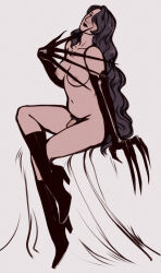 Rule 34 | 1girl, artistic nudity, benvey, black hair, black lips, boots, breasts, brown eyes, chest tattoo, claws, elbow gloves, fullmetal alchemist, functionally nude, futanari, gloves, hair over one eye, high heel boots, high heels, highres, large breasts, long hair, looking at viewer, lust (fma), penis, pubic hair, sitting, solo, tattoo, thigh boots
