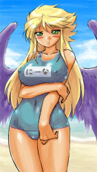 Rule 34 | 1girl, angel wings, beach, black wings, blonde hair, blush, breasts, breath of fire, breath of fire ii, cloud, day, dr.p, green eyes, large breasts, legs, long hair, long legs, nina (breath of fire ii), ocean, solo, swimsuit, tan, thighs, wings
