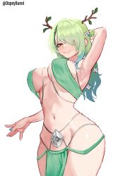 Rule 34 | 1girl, absurdres, alternate costume, antlers, belly, blush, braid, branch, breasts, ceres fauna, commentary, dopeybunni, english commentary, flower, green hair, hair flower, hair ornament, hair over one eye, highres, hololive, hololive english, horns, large breasts, long hair, looking at viewer, mole, mole under eye, navel, simple background, smile, solo, thick thighs, thighs, virtual youtuber, yellow eyes