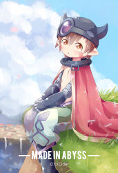 Rule 34 | 1boy, :o, android, artist name, blue sky, brown eyes, brown hair, cape, cliff, cloud, cloudy sky, collar, damaged, facial mark, facial tattoo, fake horns, from side, full body, grass, green shorts, hair between eyes, helmet, horned helmet, horns, light blush, looking at viewer, made in abyss, male focus, mechanical arms, mechanical hands, mechanical legs, metal collar, multicolored clothes, multicolored shorts, on grass, on ground, open mouth, outdoors, pants, purple shorts, red cape, regu (made in abyss), robot, shorts, sitting, sky, slit pupils, solo, sparkle, sparkling eyes, tattoo, topless male, two-tone pants, v arms, xxcider