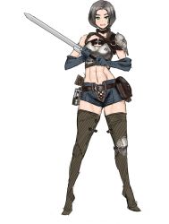 Rule 34 | 1girl, abs, armor, belt, belt pouch, black hair, boots, breastplate, collar, elbow gloves, full body, gloves, green eyes, holding, holding sword, holding weapon, knee pads, leather belt, looking at viewer, navel, nisetanaka, open mouth, original, pauldrons, pouch, sheat, short hair, shorts, shoulder armor, solo, standing, sword, thigh boots, weapon, white background