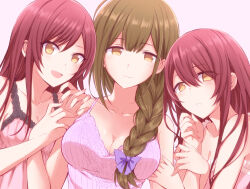 Rule 34 | 3girls, ahoge, alstroemeria (idolmaster), bare shoulders, blush, bow, braid, breasts, brown hair, camisole, closed mouth, collarbone, dot nose, frilled camisole, frills, hair between eyes, hair bow, hair over shoulder, hair ribbon, hand on another&#039;s arm, hand on another&#039;s shoulder, idolmaster, idolmaster shiny colors, kamekoya sato, kuwayama chiyuki, large breasts, long hair, looking at viewer, medium breasts, multiple girls, nail polish, open mouth, osaki amana, osaki tenka, parted lips, pink background, pink camisole, pink nails, purple camisole, purple ribbon, red hair, ribbon, siblings, simple background, single braid, sisters, smile, swept bangs, twins, upper body, yellow eyes
