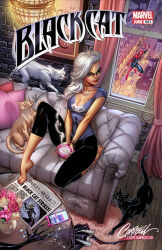 Rule 34 | 1boy, 1girl, barefoot, black cat (marvel), black gloves, black leggings, blue eyes, blue shirt, breasts, cat, cellphone, chandelier, cleavage, comic cover, copyright name, couch, cover, cover page, covered navel, cup, felicia hardy, glasses, gloves, unworn gloves, glowing, helmet, holding, holding cup, j. scott campbell, leggings, lipstick, logo, looking to the side, makeup, marvel, medium breasts, newspaper, official art, phone, pillow, red gloves, red lips, shirt, smartphone, smile, smoke, solo focus, spider-man, spider-man (series), superhero costume, ula mos, western comics (style)