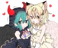 Rule 34 | 2girls, alternate costume, angel, angel wings, animal ear fluff, animal ears, animal print, bare shoulders, belt, black wings, blonde hair, blue eyes, blue hair, blue headwear, blue skirt, blush, bow, bowtie, cat ears, cat print, collar, commentary request, demon costume, demon horns, demon wings, detached sleeves, embarrassed, extra ears, fang, feathered wings, frilled collar, frilled skirt, frills, gloves, heart, highres, hood, horns, ichi 0w0, kemono friends, kemono friends festival, light brown hair, multicolored hair, multiple girls, neck ribbon, official alternate costume, open mouth, print neckwear, ribbon, sand cat (kemono friends), short hair, skirt, sleeveless, snake print, studded, trembling, tsuchinoko (kemono friends), white gloves, white wings, wings, wrist cuffs, yellow eyes