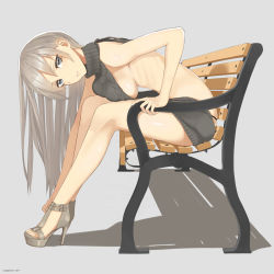 Rule 34 | 1girl, backless dress, backless outfit, bare back, bare shoulders, bench, black eyes, blush, breasts, dress, feet, full body, grey hair, halterneck, high heels, highres, large breasts, leaning forward, long hair, looking at viewer, meme attire, naked sweater, original, ribbed sweater, sideboob, sitting, solo, sweater, sweater dress, thong, throtem, toes, virgin killer sweater